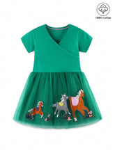 1pc Toddler Girls" Casual Animal Embroidered Patch V-Neck Short Sleeve Dress For Summer